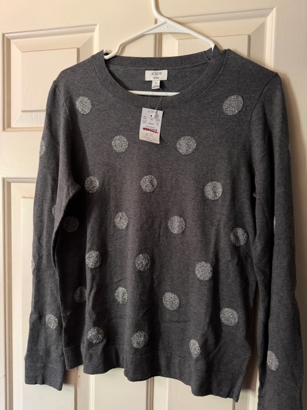 NWT- J. Crew Gray Crewneck Sweater with Silver Polka Dots - size Medium
